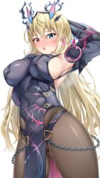 Rule 34 | 1girl, :o, absurdres, arm up, armor, armpits, black dress, black gloves, blonde hair, blue eyes, blush, breasts, chain, crossed bangs, dress, elbow gloves, barghest (fate), barghest (second ascension) (fate), fate/grand order, fate (series), gloves, gluteal fold, hair ornament, heterochromia, highres, large breasts, lomocya, long hair, looking at viewer, pantyhose, parted lips, purple eyes, sideboob, simple background, solo, sweat, white background