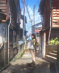 Rule 34 | 1girl, alley, autumn leaves, backpack, bag, brown hair, check commentary, commentary request, dappled sunlight, day, door, from side, highres, holding, huge filesize, lantern, leaf, map, original, outdoors, plant, scenery, shoichi (ekakijin), short shorts, shorts, sky, solo, standing, sunlight