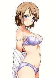 Rule 34 | 1girl, absurdres, arms behind back, blue eyes, blush, bra, breasts, cleavage, closed mouth, collarbone, cowboy shot, groin, highres, light brown hair, looking at viewer, love live!, love live! sunshine!!, medium breasts, navel, panties, profile, purple bra, purple panties, sankuro (agoitei), scan, shirt, short hair, simple background, smile, solo, standing, stomach, strap slip, underwear, underwear only, undressing, watanabe you, white background, white shirt