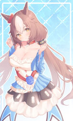 Rule 34 | 1girl, :o, animal ears, bare shoulders, black skirt, blue background, blush, breasts, brown eyes, brown hair, cleavage, collarbone, commentary request, frilled shirt, frills, hair between eyes, hands up, horse ears, large breasts, long hair, long sleeves, looking at viewer, low twintails, multicolored hair, parted lips, pleated skirt, roido (taniko-t-1218), shirt, skirt, solo, twintails, twitter username, two-tone hair, umamusume, very long hair, white hair, white shirt, wide sleeves, yamanin zephyr (umamusume)