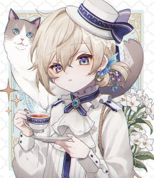 Rule 34 | 1boy, animal, animal on shoulder, blue eyes, blue gemstone, bow, brown hair, cat, cat on shoulder, cup, duplicate, earrings, flower, gem, hat, hat bow, highres, holding, holding cup, jewelry, kodona, lace, lily (flower), lolita fashion, long sleeves, looking at viewer, male focus, namiki itsuki, open mouth, original, pixel-perfect duplicate, solo, teacup, upper body, white flower