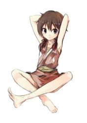 Rule 34 | 1girl, armpits, bare legs, barefoot, brown eyes, brown hair, commentary request, hands up, looking at viewer, low twintails, nanabuluku, original, robe, sarashi, sash, simple background, sitting, sketch, solo, twintails, white background