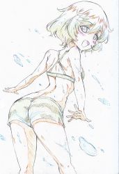 Rule 34 | 10s, 1girl, :d, absurdres, akiyama yukari, arched back, ass, back, bikini, bikini shorts, brown hair, camouflage, camouflage bikini, colored pencil (medium), commentary, cowboy shot, from behind, girls und panzer, green bikini, highres, kitazinger, leaning forward, looking at viewer, looking back, messy hair, open mouth, partially colored, short hair, shorts, smile, solo, standing, swimsuit, traditional media, upper body, wet
