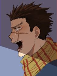 Rule 34 | 1boy, brown eyes, brown hair, crying, crying with eyes open, facial scar, from side, golden kamuy, male focus, ri (ri kaos21), scar, scar on cheek, scar on face, scar on mouth, scar on nose, short hair, shouting, solo, spiked hair, sugimoto saichi, tears