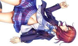 Rule 34 | 10s, 1girl, bad id, bad pixiv id, blazer, blush, bow, dutch angle, from above, jacket, kneehighs, lips, looking to the side, love live!, love live! school idol project, lying, midriff, navel, nishikino maki, nosa, on back, pleated skirt, purple eyes, red hair, school uniform, short hair, simple background, skirt, smile, socks, solo, thighs, uniform, white background
