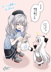 Rule 34 | +++, 10s, 2girls, :d, ^ ^, abyssal ship, artist name, bag, beret, blouse, blush, cameo, carrot, closed eyes, colored skin, commentary request, contemporary, dated, dress, employee uniform, enemy aircraft (kancolle), giving, hat, horns, kantai collection, kashima (kancolle), lawson, long hair, mittens, multiple girls, northern ocean princess, open mouth, plastic bag, pleated skirt, red eyes, shirt, shopping bag, signature, skirt, smile, squatting, striped clothes, striped shirt, translation request, twintails, uniform, vertical-striped clothes, vertical-striped shirt, white dress, white hair, white skin, yamato nadeshiko