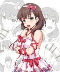 Rule 34 | 10s, 1girl, :&gt;=, arm ribbon, bar censor, bare shoulders, blue eyes, blush, breasts, brown hair, censored, choker, collarbone, cum, cum in mouth, dress, facial, fellatio, finger to tongue, flower, foreskin, foreskin pull, frilled dress, frills, hairband, head tilt, heart, idolmaster, idolmaster cinderella girls, looking at viewer, looking up, medium breasts, multiple views, nipples, open mouth, oral, partially colored, penis, precum, red ribbon, ribbon, sakuma mayu, sleeveless, sleeveless dress, strapless, strapless dress, sweat, testicles, tongue, tongue out, topless, white background, youkan