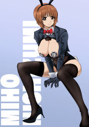 Rule 34 | 1girl, absurdres, animal ears, black footwear, black gloves, black thighhighs, blazer, blue background, blue jacket, bow, bowtie, breasts, character name, cleavage, closed mouth, collar, commentary request, detached collar, fake animal ears, fake tail, full body, girls und panzer, gloves, high heels, highres, invisible chair, jacket, large breasts, leaning forward, leotard, long sleeves, looking at viewer, nishizumi miho, partial commentary, pasties, playboy bunny, rabbit ears, rabbit tail, red bow, red bowtie, shrug (clothing), simple background, sitting, smile, solo, strapless, strapless leotard, tail, text background, thighhighs, v arms, white collar, wing collar, yoyokkun