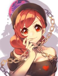 Rule 34 | 1girl, bad id, bad pixiv id, breasts, chain, cheong ha, cleavage, clothes writing, collar, collarbone, finger to cheek, gold chain, hat, head tilt, heart, hecatia lapislazuli, large breasts, long hair, off-shoulder shirt, off shoulder, red eyes, red hair, shirt, silhouette, smile, solo, touhou, upper body, white background