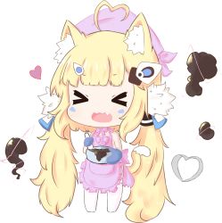 Rule 34 | &gt; &lt;, 1girl, ahoge, animal ears, apron, azur lane, bailingxiao jiu, blonde hair, blush, bow, bowl, cat ears, cat girl, cat tail, chibi, chocolate, closed eyes, commentary request, eldridge (azur lane), electricity, facial mark, facing viewer, fang, frilled apron, frills, full body, hair ornament, head scarf, heart, heart ahoge, highres, holding, holding bowl, kemonomimi mode, long hair, low twintails, naked apron, no shoes, open mouth, oven mitts, pink apron, pink bow, sidelocks, simple background, solo, standing, tail, thighhighs, twintails, valentine, very long hair, wavy mouth, white background, white thighhighs