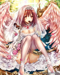 Rule 34 | 1girl, angel, angel wings, blush, breasts, bridal veil, brown eyes, brown hair, candy, chocolate, chocolate heart, cleavage, company name, dress, eikou no guardian battle, elbow gloves, food, gloves, heart, highres, large breasts, madogawa, mouth hold, official art, panties, pantyshot, sitting, smile, solo, thighhighs, tiara, underwear, veil, wedding dress, white wings, wings