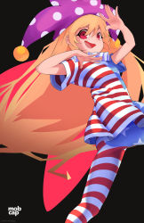 Rule 34 | 1girl, @ @, american flag dress, american flag legwear, artist name, black background, blonde hair, clownpiece, commission, fairy wings, from side, hat, highres, jester cap, long hair, looking at viewer, mobcap, neck ruff, pantyhose, polka dot, purple hat, red eyes, short sleeves, simple background, smile, solo, striped clothes, striped pantyhose, touhou, very long hair, wings