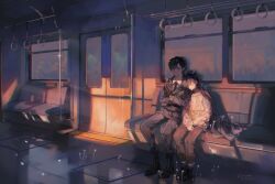 Rule 34 | 2boys, bishounen, black hair, black necktie, blue eyes, brown hair, character request, closed mouth, copyright request, crossed arms, formal, full body, gloves, highres, male focus, multiple boys, necktie, short hair, sitting, sleeping, sleeping on person, suit, sunlight, sweater, train, train interior, xiownzhou (congee)