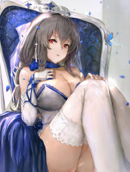 Rule 34 | 1girl, azur lane, bare shoulders, breasts, china dress, chinese clothes, cleavage, commentary request, cross, cross earrings, dress, earrings, elbow gloves, fingerless gloves, gloves, grey hair, hair between eyes, hand on own chest, hand on own knee, highres, jewelry, knees up, konnichiwa kanemura, lace, lace-trimmed legwear, lace trim, large breasts, long hair, mole, mole under eye, parted lips, red eyes, saint-louis (azur lane), saint-louis (holy knight&#039;s resplendence) (azur lane), saint-louis (holy knight&#039;s resplendence) (azur lane), sitting, sleeveless, sleeveless dress, solo, thighhighs, thighs, white dress, white gloves, white thighhighs