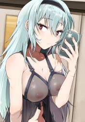 Rule 34 | 1girl, absurdres, alternate language, babydoll, black babydoll, blue hair, breasts, cleavage, closed mouth, collarbone, commentary request, covered erect nipples, girls&#039; frontline, hair between eyes, hairband, highres, holding, holding phone, inverted nipples, kuzumotsu, large breasts, lingerie, long hair, looking at viewer, midriff, multiple scars, navel, nipples, partial commentary, phone, red eyes, scar, scar on neck, see-through, see-through shirt, selfie, solo, thunder (girls&#039; frontline), underwear