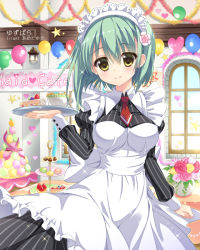 Rule 34 | 1girl, ameto yuki, apron, artist name, balloon, blush, breasts, cake, cup, flower, food, green hair, hair flower, hair ornament, indoors, looking at viewer, maid, maid apron, maid headdress, necktie, noble works, red necktie, rose, short necktie, smile, solo, standing, sweets, teacup, tiered tray, tray, tsukiyama sena, window, yellow eyes, yuzu para