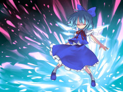 Rule 34 | 1girl, blue hair, bow, cirno, danmaku, closed eyes, hair bow, ice, mikan (ama no hakoniwa), outstretched arms, solo, spread arms, touhou, wallpaper, wings, yousei daisensou
