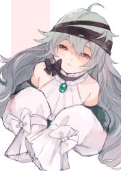 Rule 34 | 1girl, aaoshigatoutoi, absurdres, ahoge, bare shoulders, bow, brown eyes, g11 (girls&#039; frontline), girls&#039; frontline, green eyes, grey hair, hair between eyes, highres, long hair, long sleeves, looking at viewer, off shoulder, official alternate costume, sleeves past wrists, solo
