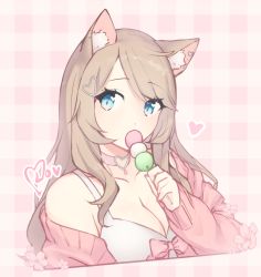 Rule 34 | animal ear fluff, animal ears, blue eyes, bow, breasts, brown hair, camisole, character request, choker, cleavage, curly hair, eating, food, hair ornament, heart, heart choker, heart hair ornament, highres, large breasts, looking to the side, mika (lovdere), off shoulder, pink bow, pink choker, pink sweater, plaid, plaid background, raised eyebrows, simple background, sweater, swept bangs, upper body, virtual youtuber