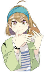Rule 34 | 1girl, ahoge, blue hairband, brown eyes, brown hair, burger, eating, food, green jacket, hairband, jacket, kantai collection, looking at viewer, oboro (kancolle), shirt, short hair, simple background, solo, striped clothes, striped shirt, tanaka io (craftstudio), upper body, white background, white shirt