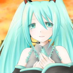 Rule 34 | 1girl, aqua hair, collared shirt, detached sleeves, frills, grey shirt, hair between eyes, hair ornament, hands on own chest, hatsune miku, headphones, long hair, looking at viewer, microphone, minyo, nail polish, necktie, orange sky, shirt, sky, solo, twintails, vocaloid