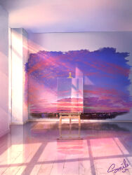 absurdres artist_name canvas_(object) cloud highres indoors no_humans object_focus original painting_(object) purple_sky reflective_floor scenery signature sky smile_(qd4nsvik) wooden_floor