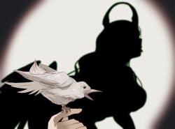 Rule 34 | 1girl, animal, bird, breasts, demon horns, different shadow, dove, feathers, hololive, hololive english, hololive shadow puppet (meme), horns, large breasts, long hair, malpha ravencroft, meme, set7, shadow puppet, silhouette, solo, spotlight, tongue, tongue out, virtual youtuber, wavy hair, wings