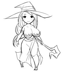 Rule 34 | 1girl, bare shoulders, bravely default: flying fairy, bravely default (series), breasts, cleavage, dragon&#039;s crown, greyscale, hat, large breasts, long hair, long skirt, matsu-sensei, monochrome, parody, side slit, sketch, skirt, smile, solo, sorceress (dragon&#039;s crown), staff, style parody, witch hat