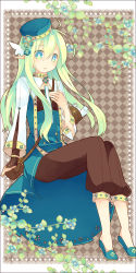 Rule 34 | 1boy, aqua eyes, aruya (flosrota), bad id, bad pixiv id, bag, blue eyes, checkered background, clover, clover hair ornament, cyril alcott, elf, flower, four-leaf clover, green eyes, green hair, hair ornament, hand on another&#039;s chest, hand on own chest, hat, highres, long hair, male focus, matching hair/eyes, multicolored eyes, original, pixiv fantasia, pixiv fantasia 4, pointy ears, sitting, solo, trap