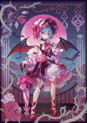 Rule 34 | 1girl, ascot, bat wings, blue gemstone, blue hair, breasts, contrapposto, detached sleeves, dress, flower, frills, full body, full moon, gem, hair between eyes, hand on own hip, hat, hat ribbon, high heels, highres, holding, holding umbrella, kyusoukyu, moon, red ascot, red eyes, red flower, red footwear, red nails, red rose, remilia scarlet, ribbon, rose, shoes, short hair, small breasts, smile, solo, standing, thorns, touhou, umbrella, white flower, white rose, wings