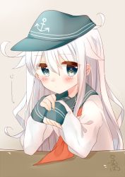 Rule 34 | 10s, 1girl, anchor symbol, blue eyes, commentary request, flat cap, hat, hibiki (kancolle), kantai collection, long hair, looking at viewer, neckerchief, school uniform, serafuku, silver hair, simple background, solo, tsuchihara ai, upper body