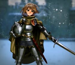 Rule 34 | 1girl, absurdres, armor, armored boots, blue eyes, blurry, blurry background, boots, breastplate, brown hair, chainmail, cloak, faulds, gauntlets, helmet, highres, holding, holding helmet, holding sword, holding weapon, looking at viewer, medieval, original, plate armor, sheath, short hair, snow, solo, standing, sword, unsheathed, unworn headwear, unworn helmet, vile domple, weapon