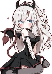 Rule 34 | 1girl, between legs, black dress, black footwear, blue eyes, blush, braid, breasts, cleavage, closed mouth, demon horns, demon tail, demon wings, dress, fate/grand order, fate (series), fishnet gloves, fishnets, gloves, grey hair, hand between legs, horns, kriemhild (fate), long hair, looking at viewer, mary janes, medium breasts, rabiiandrain, shoes, simple background, sitting, solo, tail, thighhighs, wariza, white background, wings