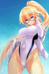 Rule 34 | 1girl, black-framed eyewear, blonde hair, blue eyes, blue sky, breasts, closed mouth, cloud, commentary request, competition swimsuit, covered navel, day, fate/grand order, fate (series), glasses, highleg, highleg swimsuit, highres, jeanne d&#039;arc (fate), jeanne d&#039;arc (ruler) (fate), jeanne d&#039;arc (swimsuit archer) (fate), jeanne d&#039;arc (swimsuit archer) (second ascension) (fate), large breasts, long hair, looking at viewer, one-piece swimsuit, ponytail, sky, solo, swimsuit, thighs, tohoho (hoshinoyami), wet
