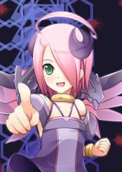 Rule 34 | 1girl, ahoge, ar ru (ar tonelico), ar tonelico, ar tonelico iii, bracelet, dragon, dress, female focus, green eyes, gust, hair over one eye, highres, horns, itsuki (spitbreak), jewelry, open mouth, pink hair, pointing, short hair, solo, wings