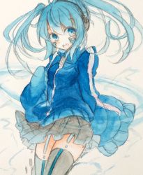 Rule 34 | 1girl, blue eyes, blue hair, ene (kagerou project), fina (sa47rin5), headphones, highres, kagerou project, long hair, looking at viewer, matching hair/eyes, painting (medium), solo, traditional media, twintails, watercolor (medium)