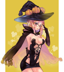 Rule 34 | 1girl, adjusting eyewear, blonde hair, braid, cape, elbow gloves, food-themed hair ornament, glasses, gloves, hair ornament, halloween, hat, looking at viewer, no pants, okishi jien, okishiji en, original, panties, pumpkin, pumpkin hair ornament, red eyes, side braid, solo, underwear, witch, witch hat, yellow background