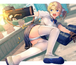Rule 34 | 1girl, ass, bag, black skirt, blonde girl (itou), blonde hair, blue bow, blue bowtie, blue eyes, blush, bow, bowtie, breasts, brown gloves, bullet casing, bullpup, cartridge, cleavage, day, dutch angle, firing, gloves, gun, hair bow, holding, holding gun, holding weapon, horizontal magazine, itou (onsoku tassha), large breasts, lying, miniskirt, on side, open mouth, original, outdoors, outstretched arm, p90, panties, pantyshot, parted bangs, personal defense weapon, pleated skirt, school bag, school uniform, see-through, shirt, shoe soles, shoes, short hair, short ponytail, short sleeves, sidelocks, skirt, solo, submachine gun, sweat, thighhighs, translucent, underwear, upskirt, uwabaki, v-shaped eyebrows, weapon, white bow, white footwear, white panties, white shirt, white thighhighs