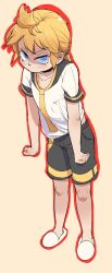 Rule 34 | 1boy, black shorts, blonde hair, blue eyes, blush, closed mouth, full body, highres, kagamine len, leaning forward, looking at viewer, male focus, medium bangs, medium hair, necktie, outline, pout, red outline, shirt, short ponytail, short sleeves, shorts, shu187, simple background, slippers, solo, standing, v, vocaloid, white footwear, white shirt, yellow background, yellow necktie