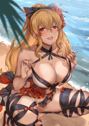 Rule 34 | 10s, 1girl, bikini, blonde hair, blurry, blush, bow, breasts, depth of field, deras, flower, granblue fantasy, hair bow, hair flower, hair ornament, large breasts, long hair, looking at viewer, orange eyes, ponytail, red eyes, shore, smile, solo, squatting, swimsuit, vira (granblue fantasy)