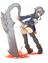 Rule 34 | 1girl, ashroa (cougar1404), black footwear, black thighhighs, blue jacket, boots, closed mouth, cougar (cougar1404), from behind, full body, grey hair, grey shorts, jacket, leaning forward, long sleeves, looking at viewer, looking back, micro shorts, original, short hair, shorts, sidelocks, standing, sword, thighhighs, weapon, white background, white bag, yellow eyes