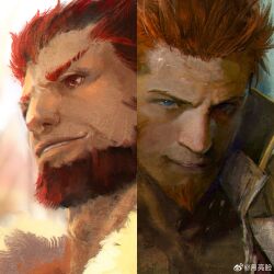 Rule 34 | 2boys, absurdres, adam&#039;s apple, beard, blue eyes, brown hair, cape, commentary request, epaulettes, facial hair, fate/grand order, fate (series), fringe trim, goatee, highres, iskandar (fate), jacket, leather, leather jacket, light smile, long sideburns, looking ahead, male focus, mature male, military, military uniform, multiple boys, napoleon bonaparte (fate), open clothes, open jacket, open shirt, partially unbuttoned, portrait, realistic, red eyes, red hair, short hair, sideburns, smile, sparkle, split screen, square face, thick neck, uniform, yueliang lian (1570050215)