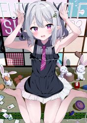 Rule 34 | &gt; &lt;, 1girl, :d, > <, armpits, bare arms, bare shoulders, barefoot, black dress, blush, chinese zodiac, closed eyes, collared shirt, commentary request, dress, food, frilled dress, frills, grey hair, grey shirt, hair between eyes, highres, kine, looking at viewer, mallet, mochi, mochitsuki, mortar (bowl), necktie, odeclea, open mouth, original, pointy ears, purple eyes, purple necktie, rabbit, scissors hair ornament, shirt, sitting, sleeveless, sleeveless dress, sleeveless shirt, smile, solo, spinning top, wariza, xd, year of the rabbit