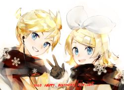 Rule 34 | 1boy, 1girl, black gloves, black scarf, blonde hair, blue eyes, bow, cable, character name, chinese commentary, commentary, commentary request, earphones, english commentary, gloves, grin, hair bow, hair ornament, hairclip, hand up, happy birthday, kagamine len, kagamine rin, looking at viewer, mixed-language commentary, scarf, shared earphones, short hair, short ponytail, smile, snowflakes, spiked hair, swept bangs, upper body, vocaloid, w, white background, white bow, yyb