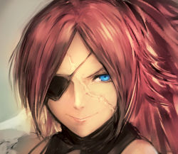 Rule 34 | 1girl, bad id, bad tumblr id, bare shoulders, black shirt, blue eyes, closed mouth, eyebrows, eyepatch, facial scar, fate/grand order, fate (series), female focus, francis drake (fate), hometa, long hair, looking at viewer, nose, official alternate costume, one eye covered, parted bangs, ponytail, portrait, red hair, scar, scar on cheek, scar on face, shirt, smile, solo
