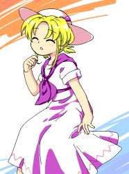 Rule 34 | 1girl, ^ ^, closed eyes, dress, hand up, hat, jaggy lines, louise (touhou), neckerchief, nonamejd, official style, open mouth, purple neckerchief, short hair, short sleeves, solo, touhou, touhou (pc-98), white dress, white hat, zun (style)