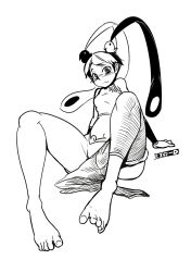 Rule 34 | 1girl, animal, animal on head, artist name, barefoot, big-d, bird, bird on head, blush, breasts, chinese clothes, feet, feng (skullgirls), greyscale, highres, monochrome, monochrome, multicolored hair, on head, pants around one leg, short hair, skullgirls, small breasts, solo, thighs, toes, two-tone hair