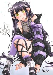 Rule 34 | 1girl, absurdres, ayu (sweetfish man), black footwear, black hair, black jacket, black shirt, blouse, blunt bangs, blush, boots, bow, breasts, cleavage, closed mouth, commentary request, crop top, cross-laced clothes, cross-laced sleeves, demon girl, demon horns, demon tail, full body, heart, heart print, highres, horns, jacket, jewelry, knees together feet apart, kojo anna, kojo anna (1st costume), long hair, long sleeves, looking at viewer, medium breasts, multicolored hair, nanashi inc., pointy ears, print shirt, purple bow, purple hair, purple thighhighs, ring, russian text, see-through, see-through cleavage, see-through shirt, shirt, simple background, single thighhigh, sitting, sleeve bow, sleeveless, sleeveless shirt, smile, solo, sugar lyric, tail, thighhighs, twintails, two-tone hair, virtual youtuber, white background, white footwear, yellow eyes