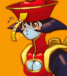 Rule 34 | 1girl, blue skin, breasts, brown eyes, capcom, cleavage, cleavage cutout, clothing cutout, colored skin, flipped hair, hat, jiangshi, large breasts, lei lei, lowres, orange background, qingdai guanmao, simple background, solo, vampire (game)
