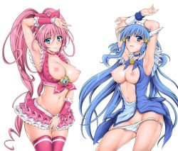 Rule 34 | 10s, 2girls, aoki reika, arm up, armpits, arms up, blue eyes, blue hair, blush, bow, breasts, breasts out, choker, collarbone, cure beauty, cure melody, cyclone (reizei), earrings, embarrassed, female focus, frills, groin, hair tubes, head wings, heart, houjou hibiki, jewelry, large breasts, long hair, looking at viewer, magical girl, multiple girls, navel, nipples, open clothes, open mouth, panties, panty pull, pink bow, pink hair, pink legwear, precure, simple background, skindentation, skirt, smile precure!, standing, suite precure, sweat, tears, thigh gap, thighhighs, thighs, tiara, twintails, underwear, v, very long hair, white background, white panties, wings, wrist cuffs